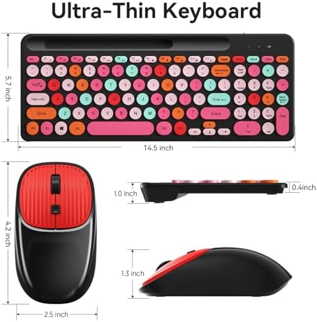 Retro Typewriter Wireless Keyboard with Round Keycaps, 2.4GHz Compact USB Cute Wireless Keyboard and Mouse Combo for Desktop, Laptop and Computer
