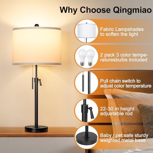 Qingmiao Table Lamps Set of 2, 22" to 30" Adjustable Nightstand Lamps for Bedroom, Dimmable End Table Lamps for Living Room Console Entry Farmhouse Home Decor, New House Warming Gifts