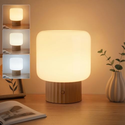 VOLISUN Mushroom Lamp, Cordless Rechargeable Table Lamp with Glass Shade, 3 Color Temperatures & Stepless Dimming, 5200mAh, Touch Control Bedside Lamps for Living Room, Bedroom, 1 Pack (Brown)
