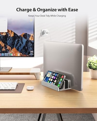 AboveTEK Vertical Laptop Stand, 3 Slots Aluminum Desk Laptop Holder & Laptop Docking Station Stand for MacBook, Tablet, Phone - Universal Fit (Up to 17.3") - Heavy Duty Polished, Anti Slide - Silver