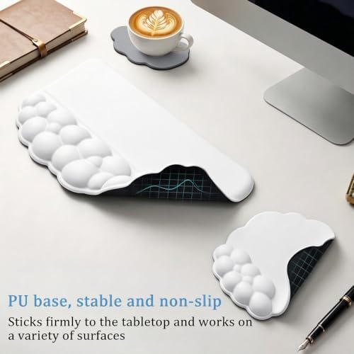 Cloud Keyboard Wrist Rest with Sloped Keyboard Pad, Ergonomic 3-in-1 Mouse Pad with Wrist Support and Coaster, Non-Slip Memory Foam Desk Mat Set for Mechanical Keyboard, Office & Gaming,White