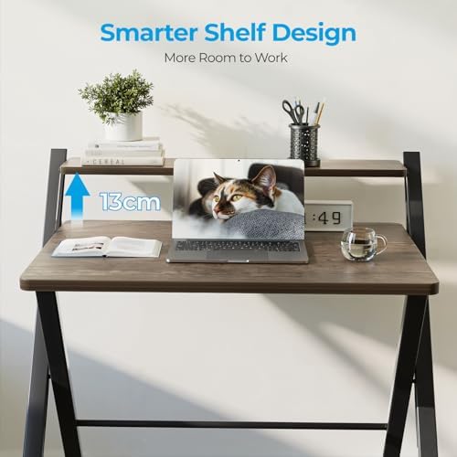 GreenForest No Assembly Folding Desk, 2-Tier Compact Computer Desk with Shelf, 30 inch Space Saving Foldable Table for Home Office, Dorm or Apartment, Portable Collapsible Sturdy Laptop Desk, Brown