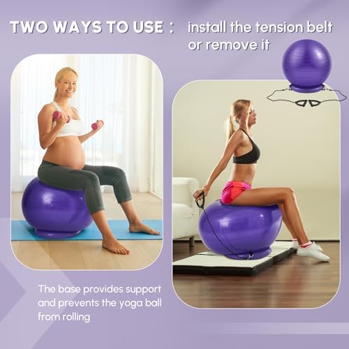 Blueweenly Yoga Ball Chair with Inflatable Stability Base Resistance Bands 65 cm Stability Ball Large Exercise Ball for Home Workout Office Desk Sitting Gym Fitness Back Pain Balance, Include Air Pump