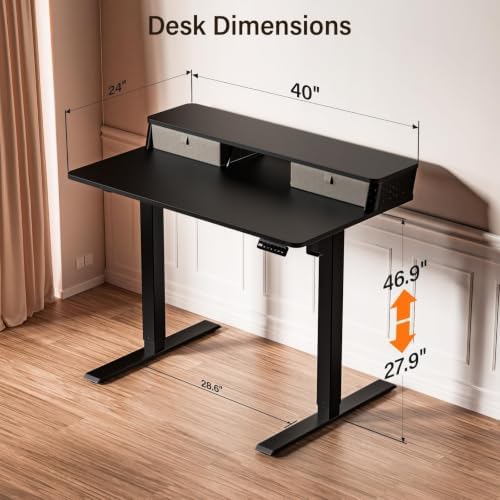 Kingant 40x24 Inch Electric Standing Desk with Dual Drawers, Black