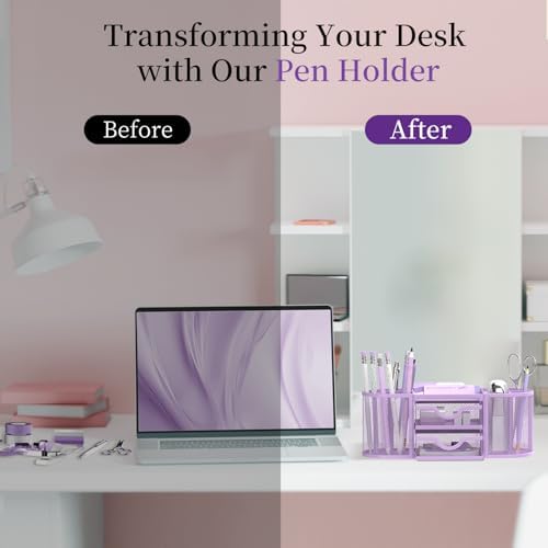 SUPEASY Mesh Desk Organizer, Pen Holder for Desk with 2 Drawers, Purple