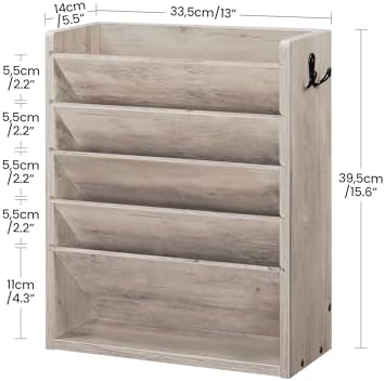 CHOEZON Wall File Organizer, 6-Tier Vertical Mount Hanging Holder with 2 Side Hooks, Modern Wooden Magazine Storage Holder with Bottom Tray, Desk Organizer, for Office, Home, Greige MWJ01FH