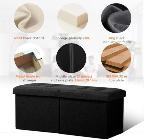 AmasSmile Footrest Ottoman Storage Bench, 34" Linen Folding Chest, Black