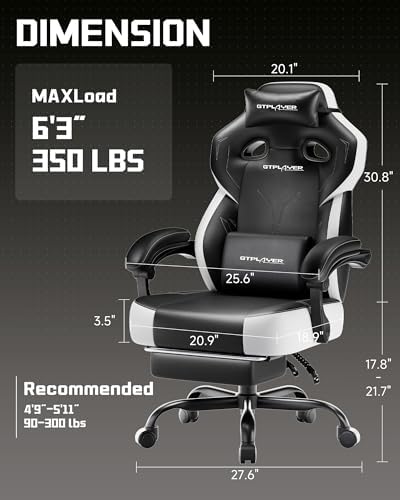 GTPLAYER Big & Tall Gaming Chair, Wide Seat with Footrest, Jet Black