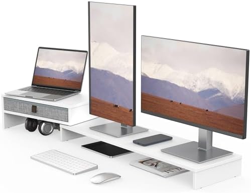 Fenge Triple Monitor Stand with Storage Drawer, Adjustable Length and Angle