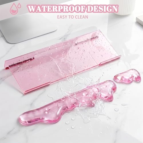 Acrylic Computer Keyboard Stand with Gel Mountain Wrist Rest Keyboard Riser with Comfortable Clear Silicone Mouse Wrist Pad Ergonomic Tilted Transparent Keyboard Holder for Desktop Office Hot Pink