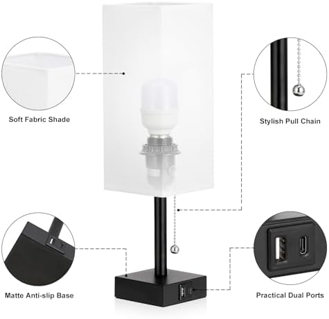 Set of 2 White Bedside Table Lamps for Bedroom - Nightstand Lamp, USB C+A