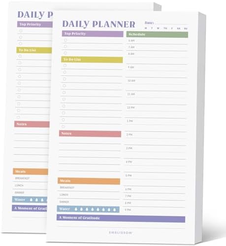Daily Planner Notepad, 5.5 x 8.5" Tear-Off Pad – 70 Undated Sheets Focus-Enhancing Desktop Organizer with Hourly Schedule, To-Do List for Work, School (White, Colorful, 2 Pack)