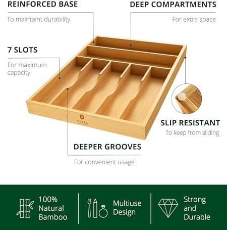 ROYAL CRAFT WOOD Luxury Bamboo Utensil Rack and Silverware Organizer, Kitchen Drawer Organizer - Utensil Holder and Cutlery Tray with Grooved Drawer Dividers for Flatware 7 Slot, Natural