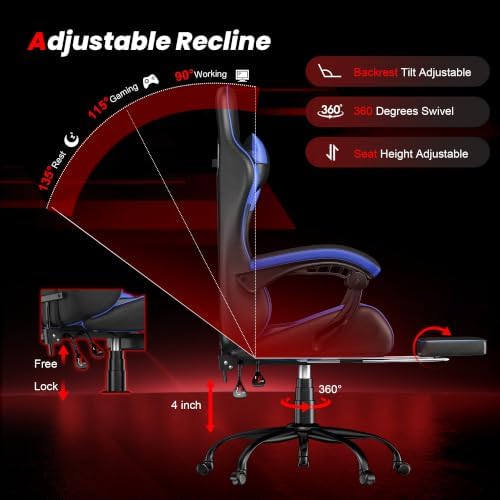 Gaming Chair with Footrest, Ergonomic Video Game Chair for Adults, Blue