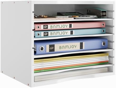 Bamjoy Bamboo 5 Tier Desktop Organizer, Paper Organizer Mail Sorter, File Holder Letter Document Storage with Adjustable Shelves for School Home Office, White