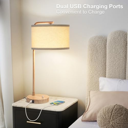 Farmhouse Table Lamp, Fully Dimmable Tall Bedisde Lamp with USB C+A Ports