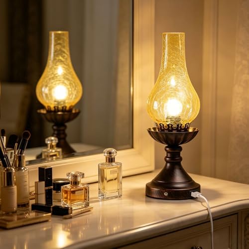 Farmhouse Rustic Touch with USB A+C Charging Ports Table Lamps，Bedroom Bedside Vintage Decor Lantern Hurricane Lamps Set of 2-USB A+C
