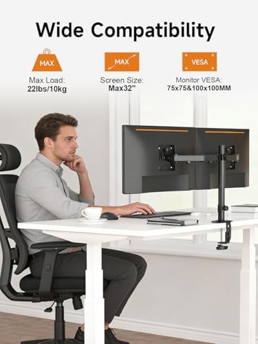 Bracwiser Dual Fully Adjustable Monitor Arm Stand Mount Fits Two Screen 13-32 inch 22lbs for Monitor Computer Screen 13 15 17 19 20 22 23 24 26 27 32inch VESA 75 100 (MD7442)