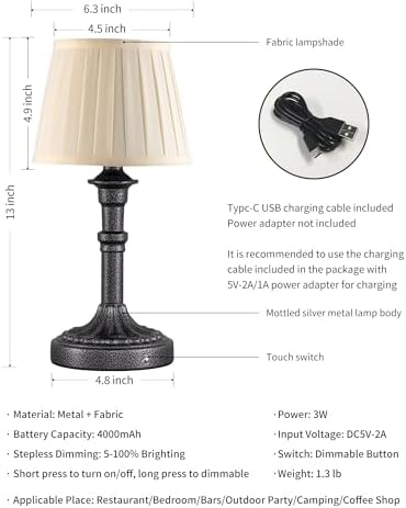 KDG Mottled Silver Cordless Table Lamps Set of 2, Beige Fabric Shade Light