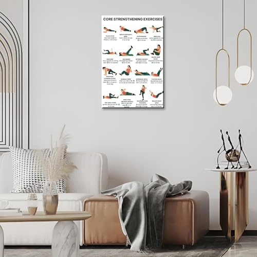 Core Strengthening Workout Poster, 16 Illustrated Abdominal Training Chart with Timing & Rep Guides, Bodyweight Abs & Obliques Exercise Reference for Home Gym Beginner Core Stability Fitness Routine(24x36inchs，Wrapped Framed)