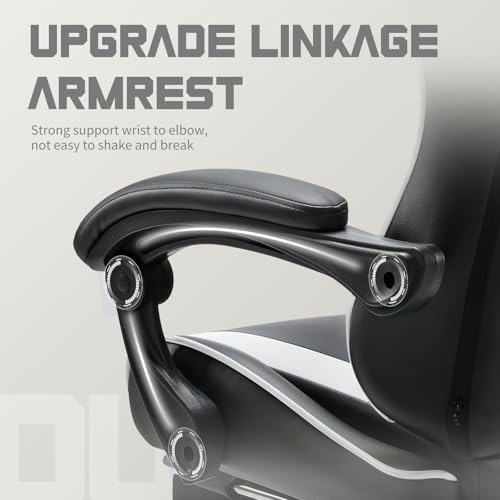 NEWBULIG Gaming Chair with Footrest – Ergonomic High-Back with Lumbar & Headrest Support, Comfy PU Leather Recliner with Linkage Armrests, Adjustable Height, 360° Swivel, White