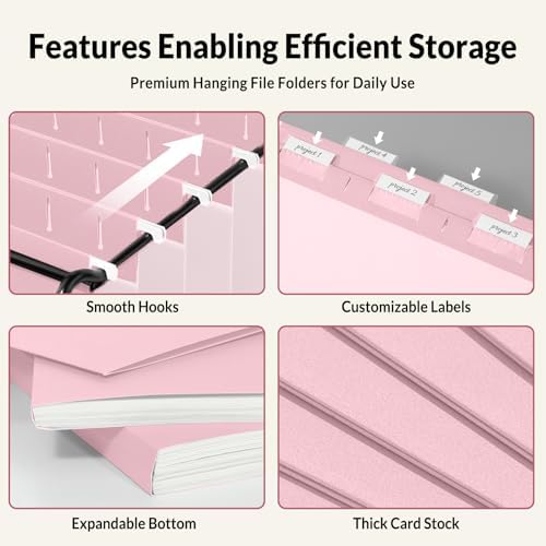 SUNEE 25 Pack Hanging File Folders, Pink Folders, Hanging File Folders Letter Size with 1/5-cut Tabs, Stay Organized for Your Home and Office Bulk File and Documents