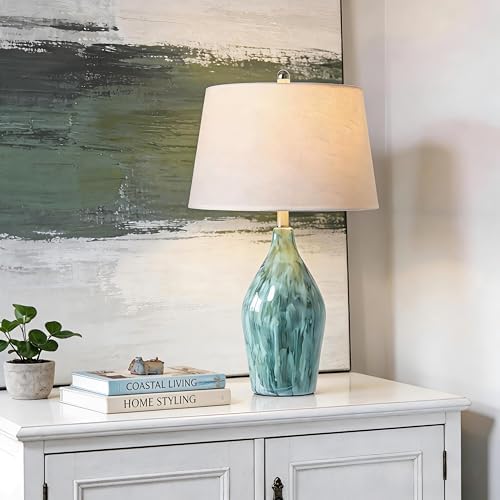 QiMH 28" Ceramic Table Lamp, 3 Color Temperatures Lamp for Bedroom with Memory Function, Nightstand Lamp with Linen Shade, Modern Glaze Bedside Lamp for Living Room, Teal, 2700K LED Bulb Included