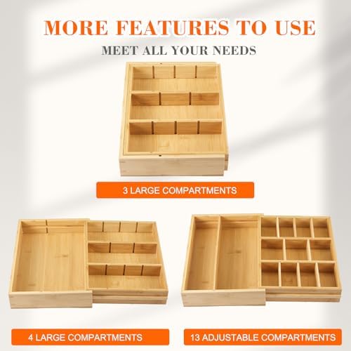Bamboo Sliding Desk Drawer Organizer 9'' up to 17.9'' x 12'' x 2.2'' Expandable Office Desk Accessories Supplies Tray with 11 Compartments for Pens, Notebooks, Rulers, and Makeup Jewelry Vanity