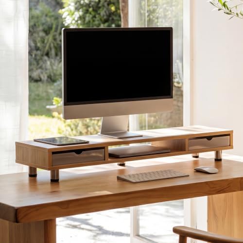 Fenge Dual Monitor Riser with 2 Drawers, 42.5in Long Desk Shelf, Dark Oak