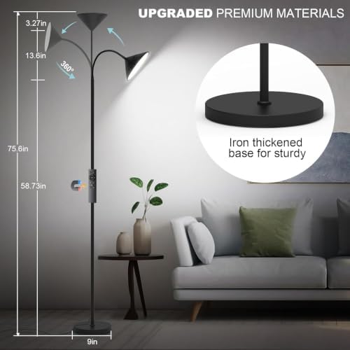 Dimmable LED Floor Lamp, Super Bright Reading Lamps Floor Standing lamp with Remote & Touch Control, Stepless Dimming & 2700K-6500K Color Temperature, for Living Room Bedroom Office, Matte Black