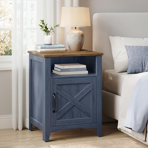 VASAGLE Farmhouse Nightstand with Barn Door, Bedside Table for Bedroom