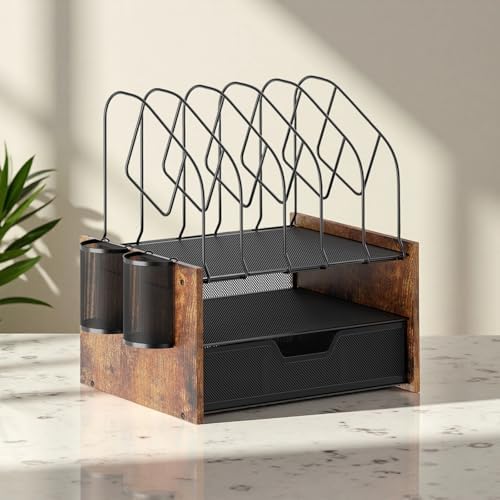 Desk Organizer with Drawer, Desktop File Organizer and Paper Tray Organizer with Vertical File Holder, Office Desk Accessories for Mail, Documents, Papers, Notebooks and Home Office Storage