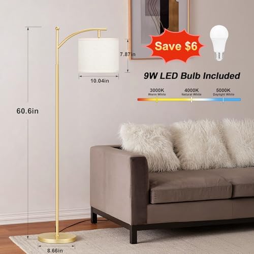 Ambimall 60" Floor Lamp with 3 Color Temperatures, Adjustable Beige Shade, Gold Pole - Tall Lamp for Living Room, Bedroom, Office, Classroom, Dorm - 9W Bulb Included