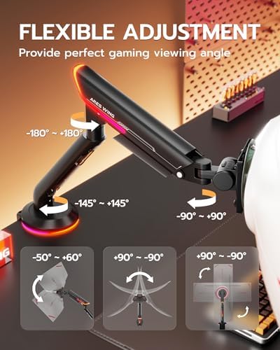 Single Gaming Monitor Arm for 24"-57" Screens with RGB, Up to 60 lbs, Black