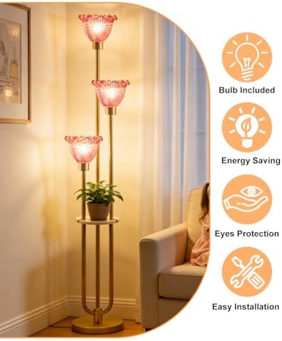 Lightdot Red Flower Glass Floor Lamp with Table Gold Floor Lamp 3-Light
