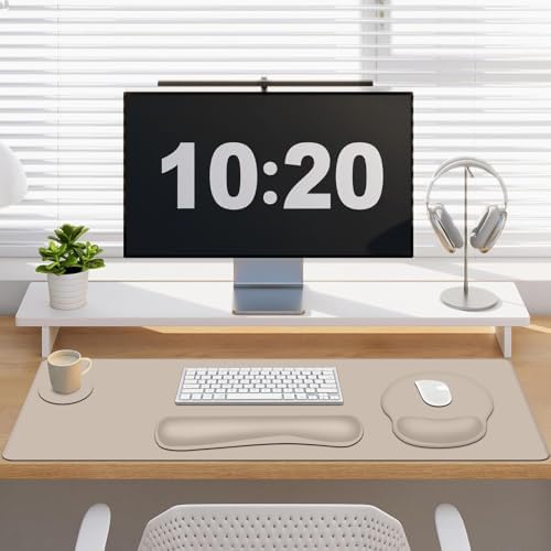 4 PCS Mouse Pad Desk Mat Protector, Keyboard Wrist Rest + Comfortable Mouse Pad Wrist Rest +Coaster, Large Gaming Mousepad for Computer Laptop, 35.4"X 15.7" Deskpad for Office Home I Apricot