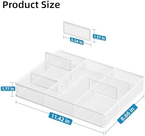 Marbrasse Desk Drawer Organizer, Metal Mesh Drawer Organizer Tray with 5 Adjustable Compartments,Desk Organizers and Accessories for Home,Office,Kitchen,Makeup,Vanity (White,2Pack)