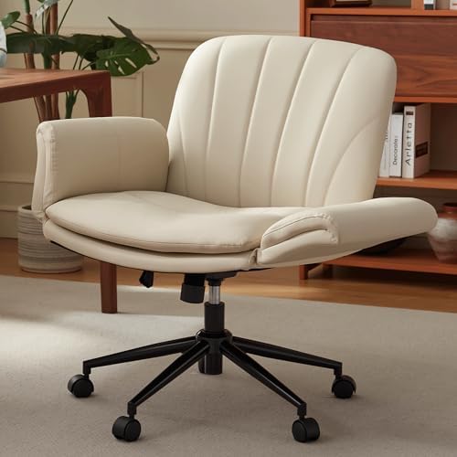 Dowinx Criss Cross Chair with Five-Level Adjustable Arms and Wheels - Comfortable Ergonomic PU Leather Swivel Vanity Chair - Computer Makeup Gaming Chair for Home Office, Bedroom, Vanity Room (Cream)