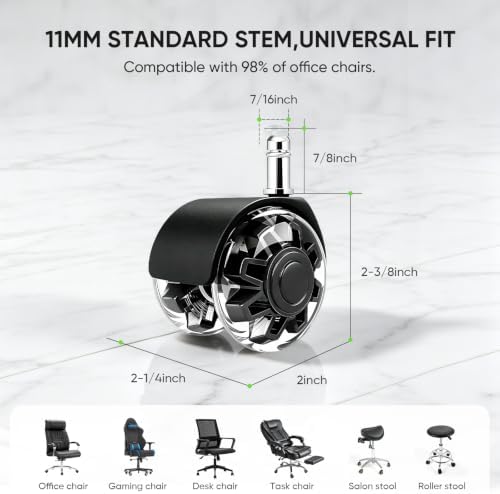 2 Inch Office Chair Wheels Set of 5,Smooth Quiet Roll,Heavy Duty Replacement Casters for Hardwood Floor & Carpet, Non-Marking PU Wheels (Black 5 Pack)
