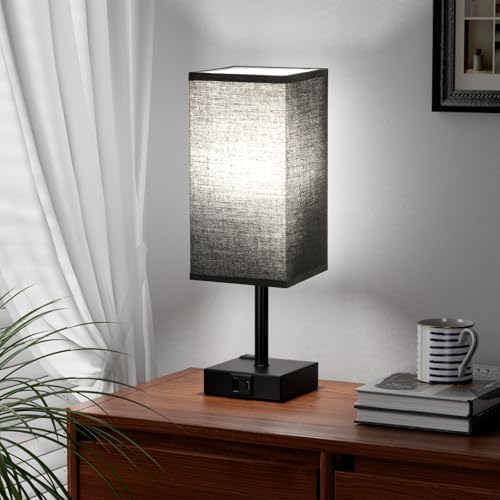 Set of 2 Black Table Lamp for Bedroom - Dimmable Touch, USB C+A, AC Outlet