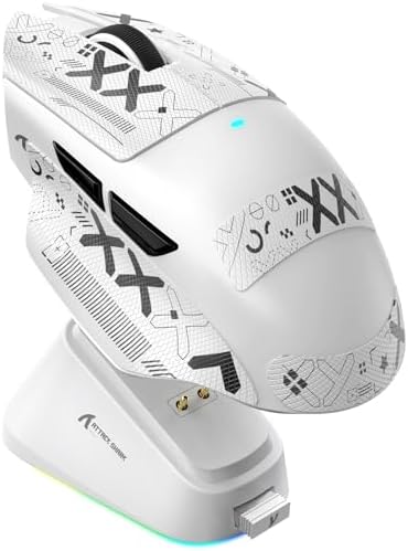 ATTACK SHARK V6 Wireless Gaming Mouse with RGB Charging Dock, 25K DPI PAW3311 Sensor, 1K Polling Tri-Mode Ergonomic PC Mice, 5 Programmable Bottons, Cloud-Based AI Driver for Win/Mac,White&Tape