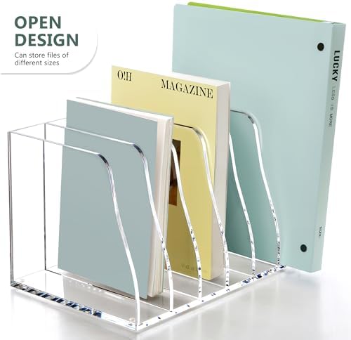 SANRUI Acrylic Magazine File Holder, 6 Vertical Compartments Desk Document Sorter Organizer, Clear Folder Rack Binder Bookstore Workspace Sorters for Office Accessories Organization Storage
