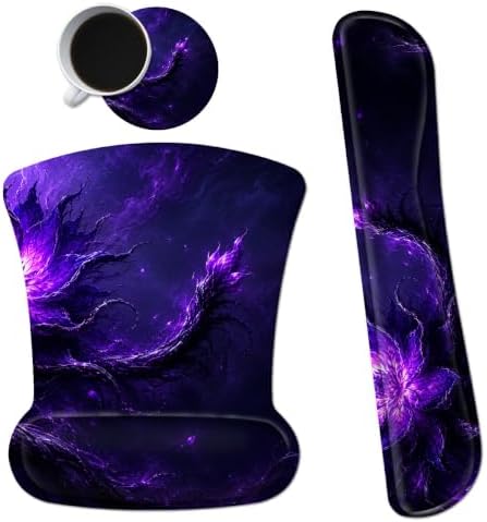 3-in-1 Ergonomic Memory Foam Keyboard Wrist Rest Pad Set, Purple Magic Flower