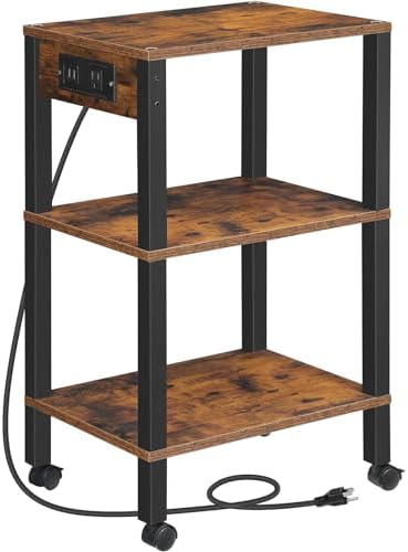 HOOBRO 3-Tier Printer Stand with Charging Station, Under Desk Printer Table, Printer Cart with Storage Shelves, Shelf for Small Spaces, for Home Office, Rustic Brown and Black BF63UPS01