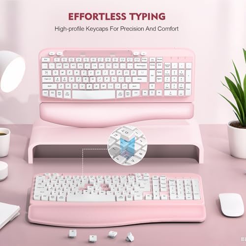 EAYBLLY 2.4G Wireless Ergonomic Keyboard, Full Size Wave Keys with Memory Foam Wrist Rest & 7.28in Phone Holder, USB-C Adapter Included for Windows Mac Chrome OS, Office or Home (Pink)
