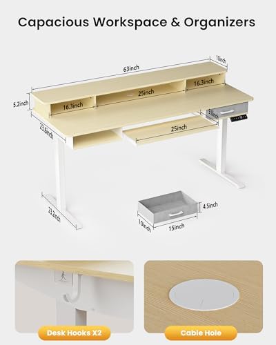 Electric Standing Desk with Keyboard Tray, 63x24 Inches Height Adjustable Stand up Desk with 2 Drawers, Ergonomic Sit to Stand Table with Storage Monitor Stand, Oak