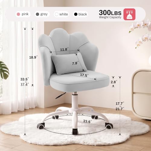 Vanity Chair with Wheels, Swivel Velvet Makeup Desk Chair, Grey