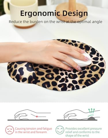 Leopard Mouse Pad Wrist Support Wrist Rest, Ergonomic Mouse Pad with Non-Slip Base for Office Gaming Working Computers,Desk Accessories Pain Relief Mouse Mat for Home&Game Decor, Brown