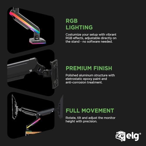 ELG RGB Gaming Monitor Arm, Gas Spring, 17-35" Screens up to 19.8 lbs, Aluminum & Steel, 360° Rotation, Tilt & Swivel, C-Clamp & Grommet, VESA 75x75 to 100x100mm, Cable Management, Black