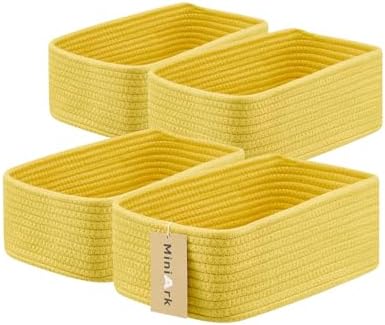 MiniArk Small Storage Baskets for Organizing | Closet Organizer Bins | Shelf Toy Basket | Woven Rope Baskets | Cube Decorative Box | Shallow Basket | 11.5x7.5x4.7” | 4 Packs Yellow